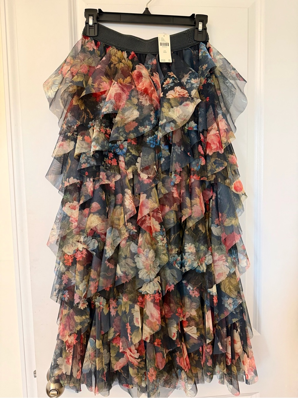 Anthropologie The Cheri Green & Navy Floral Tiered Maxi Skirt